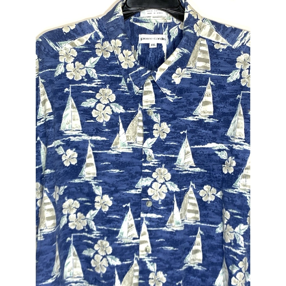 Pierre Cardin Hawaiian Shirt Mens 2XL Blue Sailboat 100% Cotton Vintage Korea - Picture 3 of 8